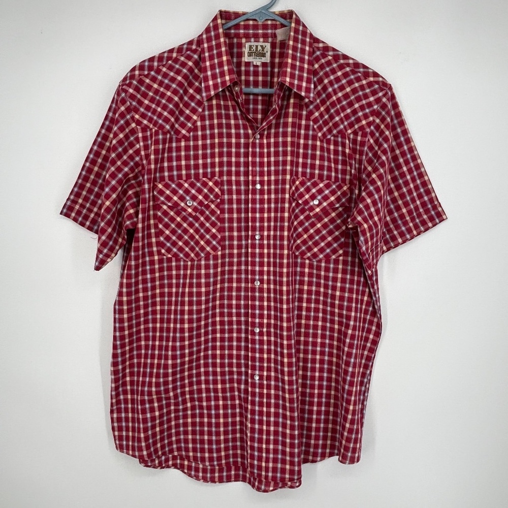 Ely Cattleman Mens Large Western Snap Front Shirt Red Yellow Blue Plaid Short Sl